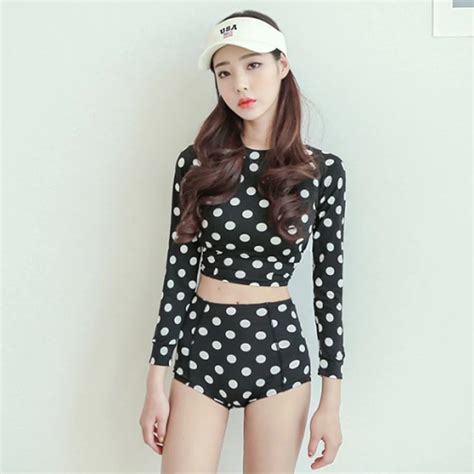 2017 Hot Korea Polka Dot Print Long Sleeve Swimsuit Two Piece Set