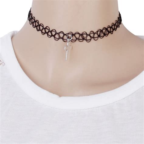 Vintage Boho Black Tattoo Choker Elastic Stretch Necklace With Cross