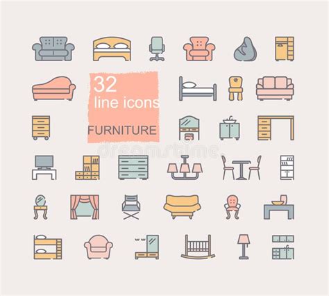 L Nea Iconos De Los Muebles Fijados Colecci N De Iconos Del Vector