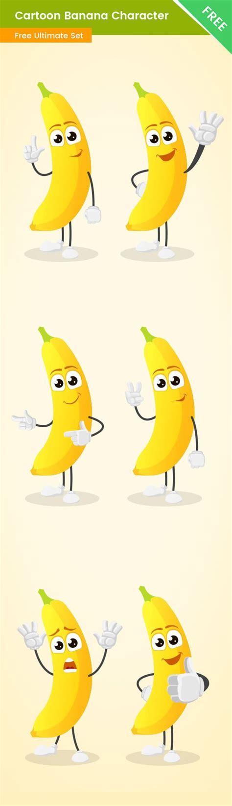 A Free Cartoon Banana Character Made In 6 Different Poses These