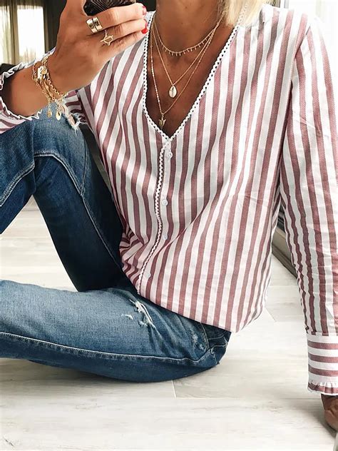 Women Striped Casual V Neck Loose Long Sleeve Blouse Roselinlin