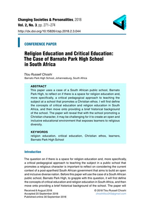 (PDF) Religion Education and Critical Education: The Case of Barnato Park High School in South ...