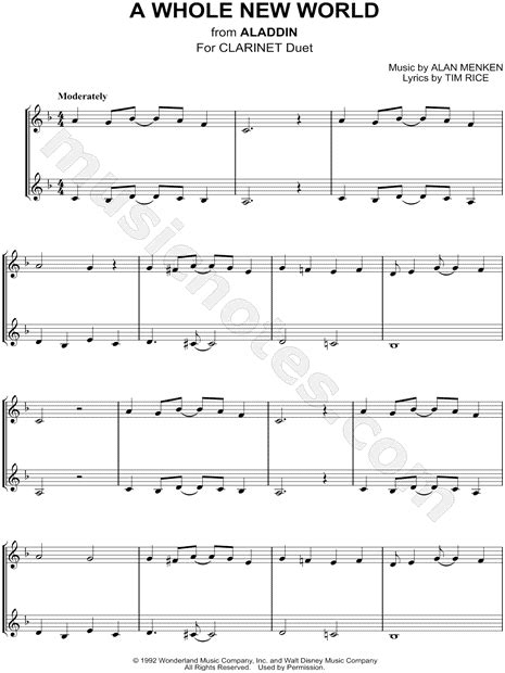 A Whole New World Clarinet Duet From Aladdin Sheet Music In F