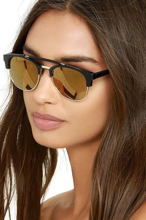 Chic Black Sunglasses Rounded Sunglasses Gold Mirrored Sunglasses