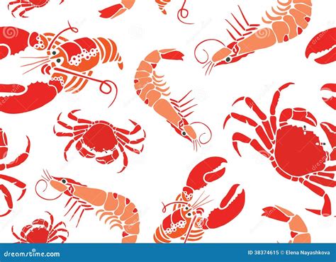 Seafood Seamless Pattern Shrimp Or Prawn Isolated On A White