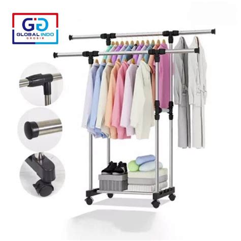 Jual Stand Hanger Double Pool Jemuran Baju Rak Besi Stainless Gantungan