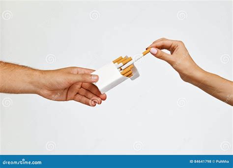 Smoking Closeup Hand Holding Cigarettes Pack Taking Cigarette Stock