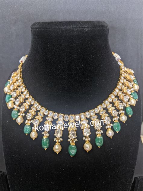 Gold Necklaces Harams Emerald Floral Nakshi Flat Diamond Necklace Set Flat Paachi Uncuts