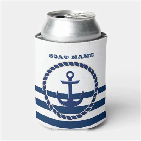 Nautical Boat Name Anchor Navy Blue Stripes Can Cooler Zazzle