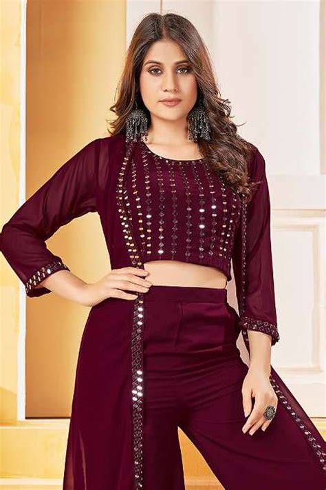 Buy Ready To Wear Maroon Indo Western Georgette Embroidered 3 Piece Set