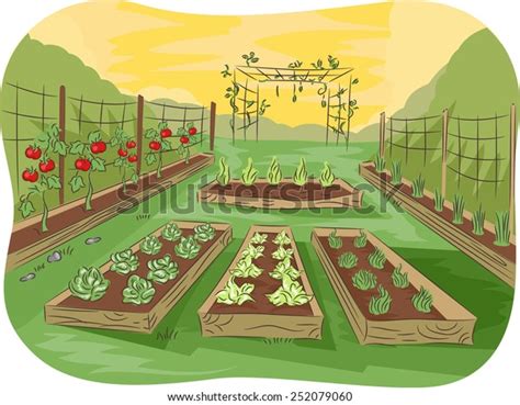 Illustration Kitchen Garden Lined Fruits Vegetables Stock Vector