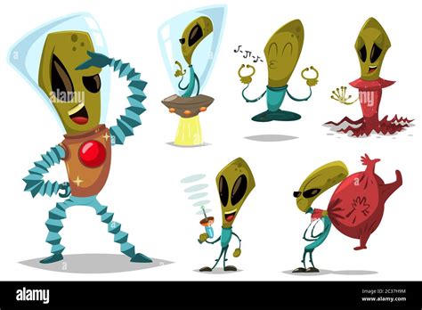 Divertido Verde Alien Gena Vector Caricatura Conjunto Lindo Monstruo