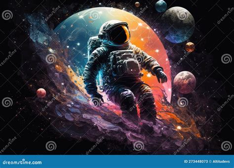 Artistic Astronaut Floating among the Stars, with Planets and Galaxies ...