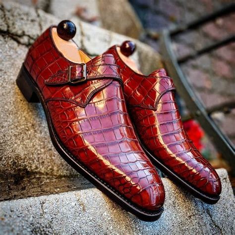 Men's Red Monk Strap Shoes Alligator Textured Dress Shoes