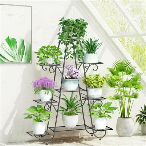 Unho Tier Plant Stands Indoor Metal Plant Shelf Stand Black