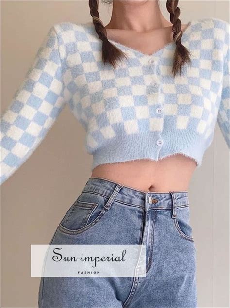 Pale Blue Women V Neck Check Knit Cardigan Crop Knit Plaid Top Plaid Outfits Cardigan Crop