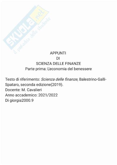 Appunti Di Scienze Delle Finanze Parte 1 Economia Del Benessere