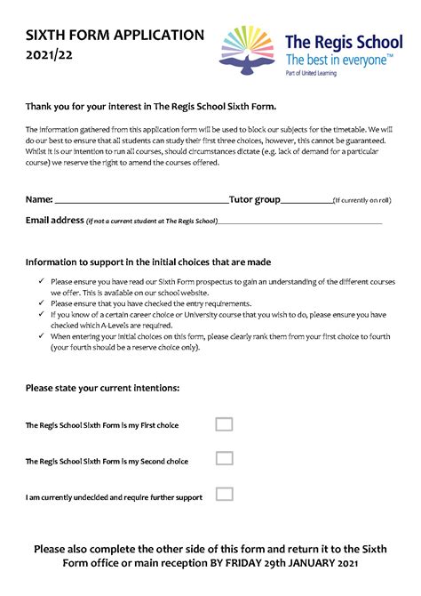 The Regis School > Sixth Form > Sixth Form Application Form 2021