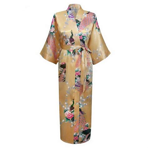 Fashion Gold Chinese Women Silk Satin Robe Gown Sexy Lingerie Long