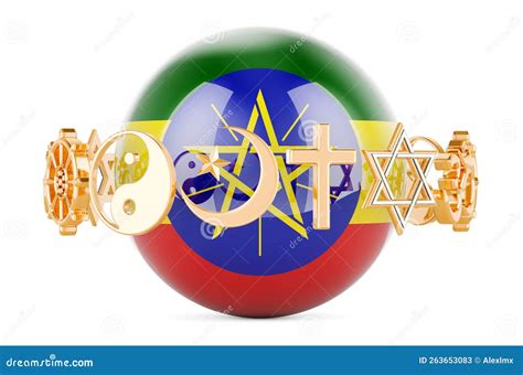 Ethiopian Flag Painted on Sphere with Religions Symbols Around, 3D ...