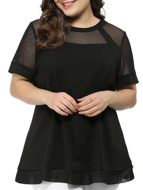 Unique Bargains Womens Plus Size Lace Short Sleeve Swing Mesh Peplum