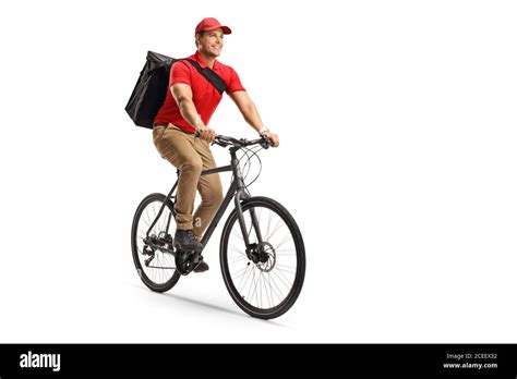 Food Delivery Guy Riding A Bicycle Isolated On White Background Stock