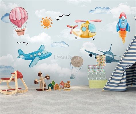 Cartoon Aircraft And Pink Hot Air Balloon Wallpaper Mural Wallmur