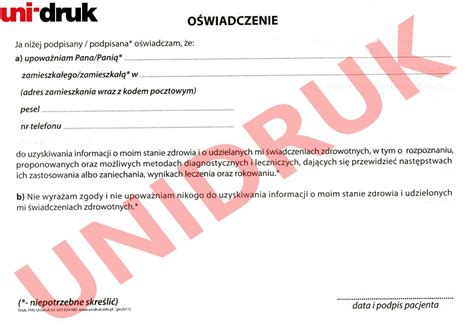 Oświadczenie o upoważnieniu do informacji o stanie zdrowia druk