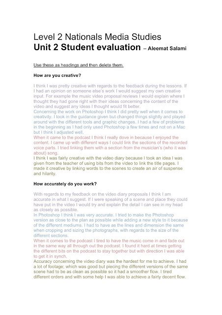 Media Nationals Level 2 Unit 2 Student Evaluation