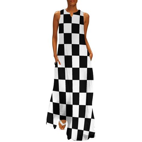 Checkered Black and White Long Dress dress for wom02 wom dress elegant