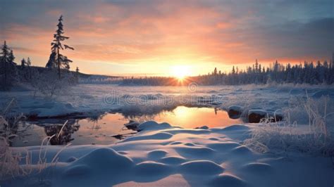 Winter Landscape in Quebec Province: Sunlit River and Snow-covered ...