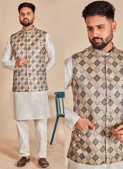 Buy Online Plain And Print Work Silk Kurta Payjama With Jacket In Multi