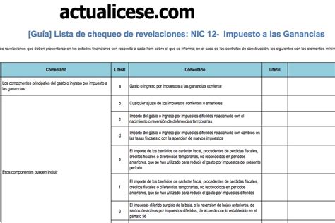 Guía Lista de chequeo de revelaciones NIC 12 Impuesto a las