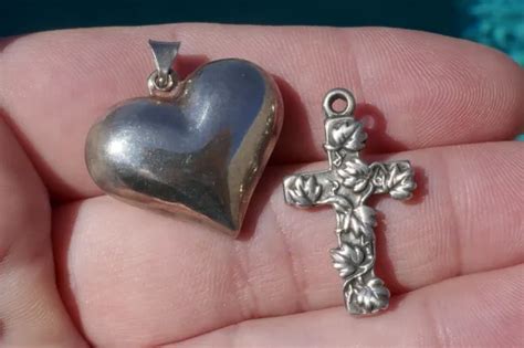 VINTAGE STERLING SILVER Puffy Heart Cross Pendant Charms 5 0