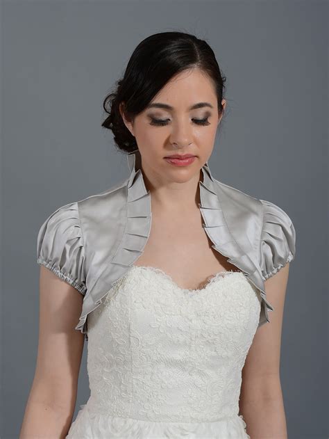 Silver Short Sleeve Wedding Satin Bolero Jacket Satin Ns