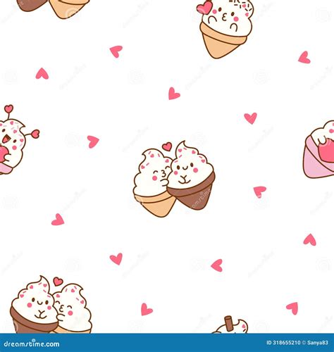 Cute Ice Cream Characters Seamless Pattern Stock Illustration Illustration Of Kawaii Emotion