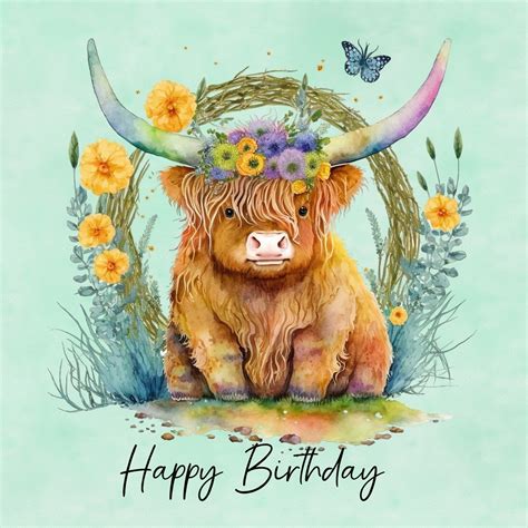 Highland Cow Square Birthday Card Green Personalised Cards Gifts