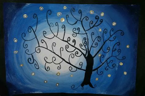 A Painting Of A Tree With Swirly Branches And Moon In The Sky Above It