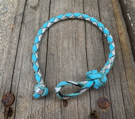 Braided Leather Bracelet Bright Blue Silver Etsy De