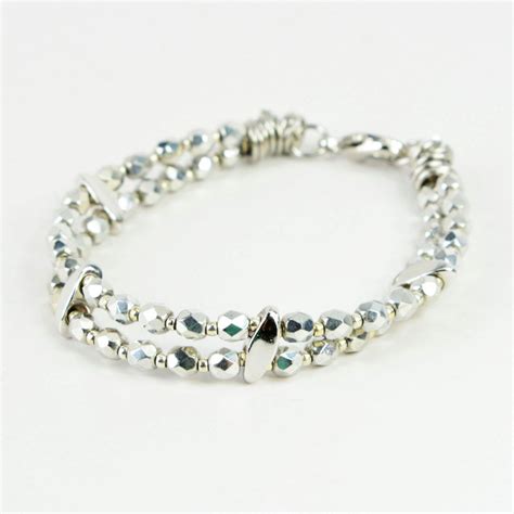 Faceted Silver Czech Glass Beaded Bracelet Elegant Two Strand Silver