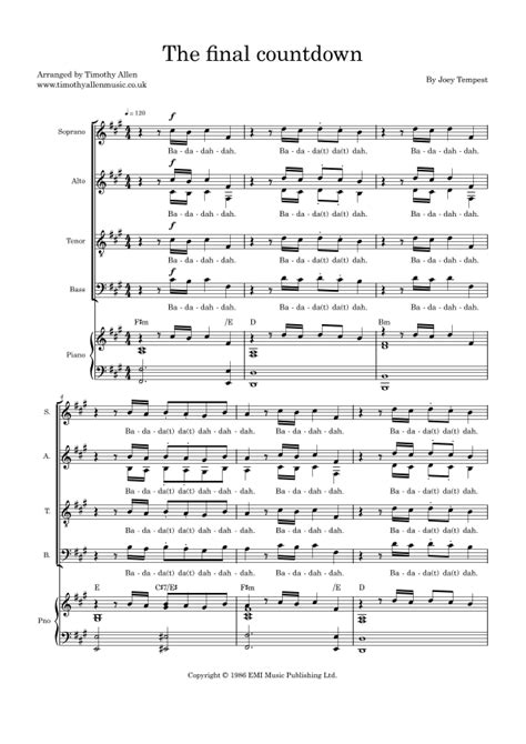 Final Countdown Sheet Music Europe Satb Choir