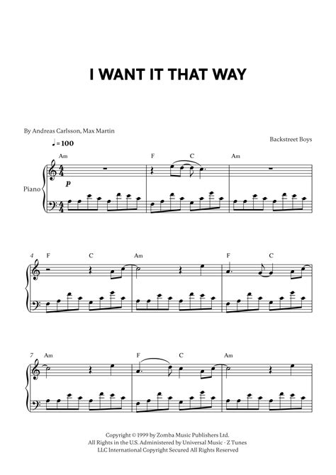 I Want It That Way Arr Cadenza Editions Sheet Music Backstreet Boys Easy Piano