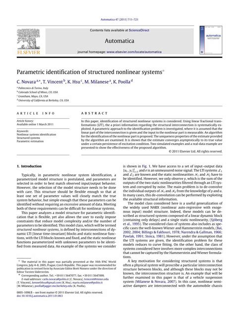 Pdf Parametric Identification Of Structured Nonlinear Systems