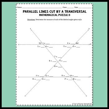 Parallel Lines Cut by a Transversal Puzzle by Free to Discover TpT - Worksheet Template Tips And ...