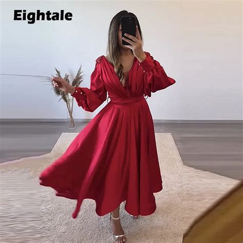 Eightale Short Red Prom Dresses For Wedding Satin V Neck Appliques