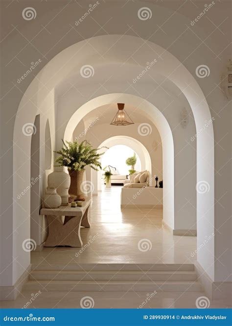 Interior Design Of Greek Island Style Entrance Hall With Arched Doorway Stock Illustration