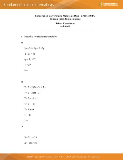 Actividad N Taller Ecuaciones Corporaci N Universitaria Minuto