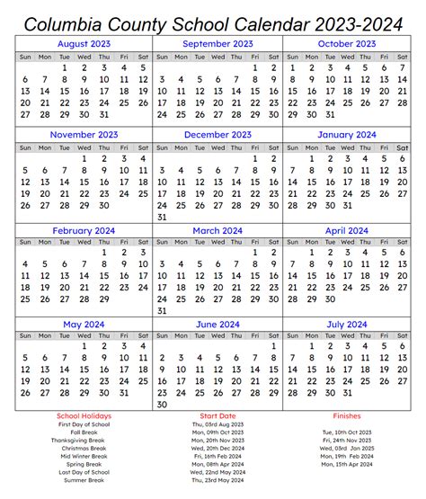 Columbia County School Calendar 2023-2024 - My School District Calendar