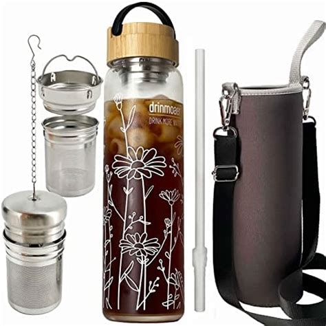 Drinmoaer L Borosilicate Glass Water Bottle With Bamboo Lid And Tea