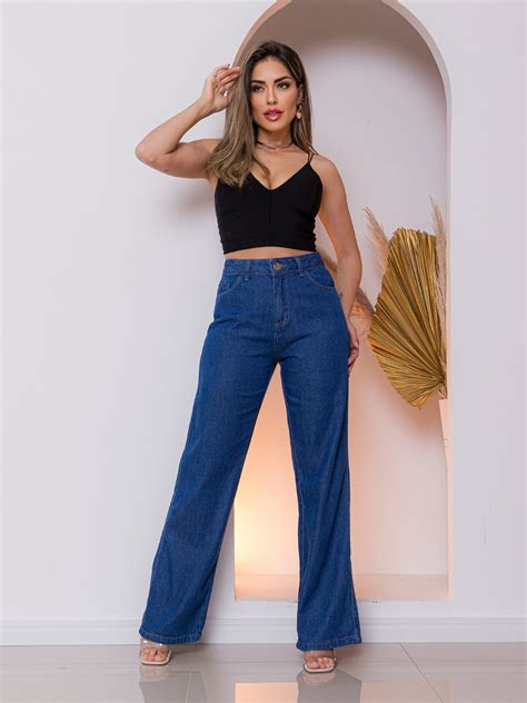 CALÇA JEANS FEMININA CINTURA ALTA PANTALONA WIDE LEG LISA DENIM PREMIUM